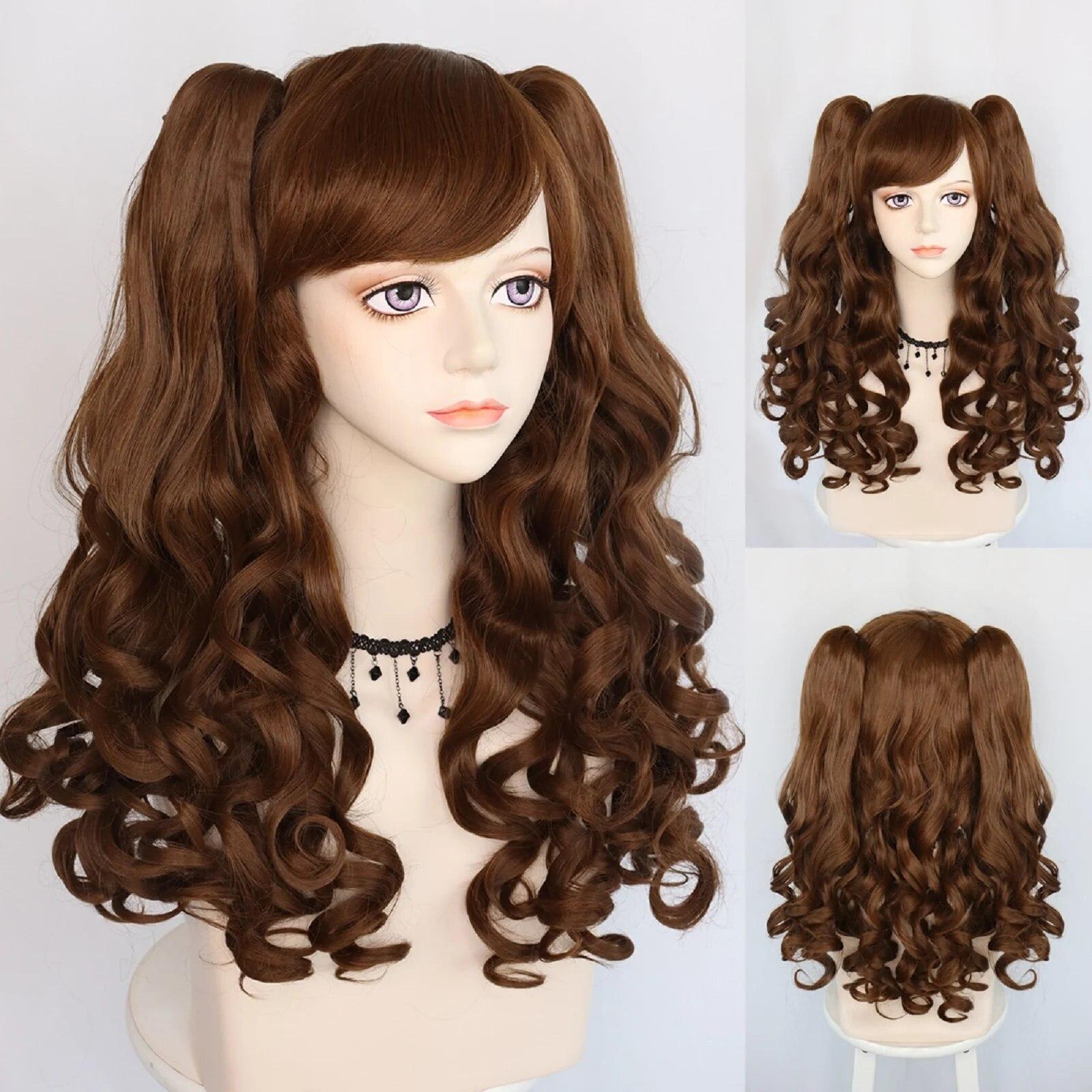 Cosplay Pferdeschwanz-Perücke, synthetische, lange, farbige, lockige Lolita-Cosplay-Perücke für Mädchen mit doppeltem Pferdeschwanz und 1 Perückenkappe 24inches