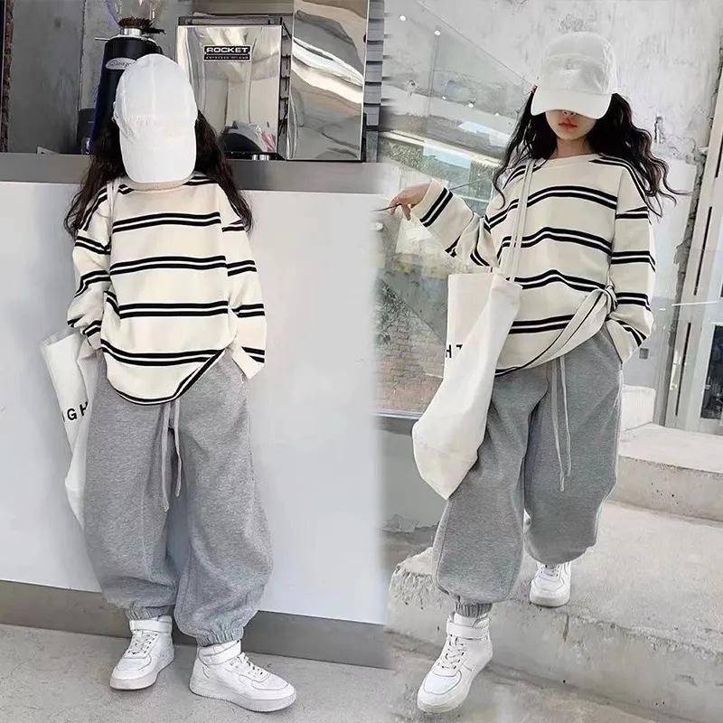 Korea Stil Einfache Kinderkleidung Mädchen 2-teiliges Set Kleidung Langarm Gestreift+Lockere Hose Outfits für Teenager Mädchen 6 8 10 12 14J 170 grau