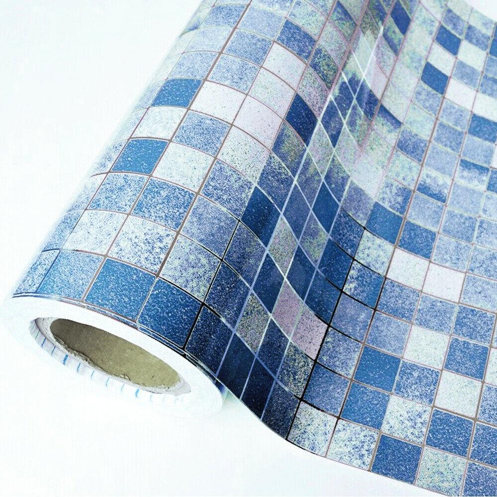 Blaues Mosaik Selbstklebende Tapete Abziehen und Aufkleben Badezimmer Tapete Arbeitsplattenabdeckung Wandfliesen Aufkleber Küchenarbeitsplatten Dekor 3mx45cm
