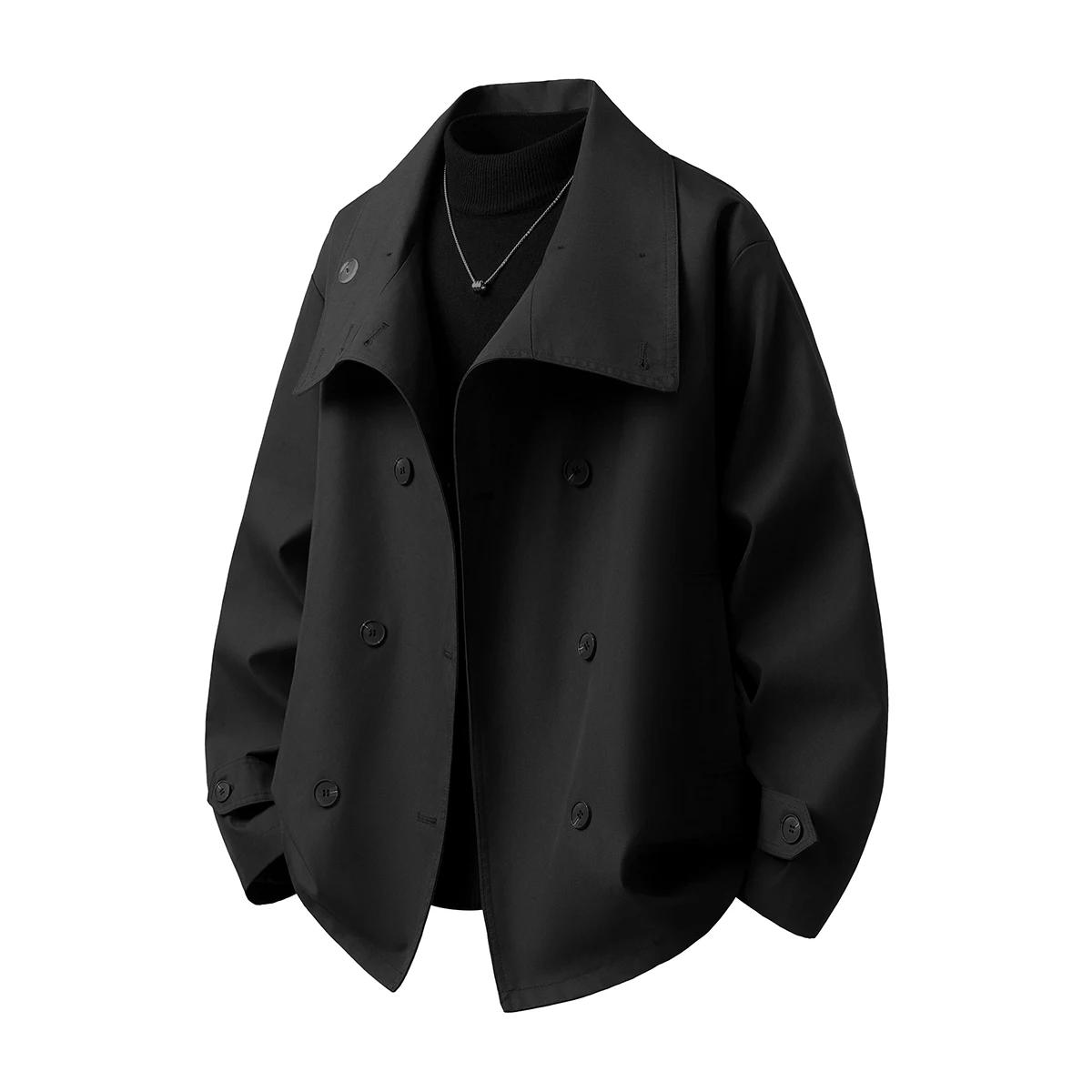 Frühling Herbst Herren Retro Kurzer Trenchcoat Unifarben Umlegekragen Zweireihig Mode Oberbekleidung Mäntel Herren Lose Jacken XL schwarz