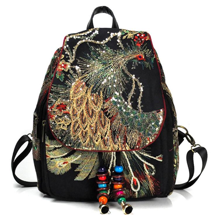 Vintage Damen Rucksack Stickerei Pfau Pailletten Rucksack National Boho Perlen Reise Schultasche schwarz