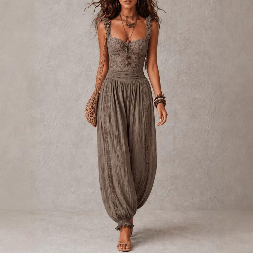 Damen Spitze Einsatz Gepolsterter Schultergurt Hohe Taille Palazzo Jumpsuit Einfarbige Freizeit Weiter Bein Langer Jumpsuit 2XL graue