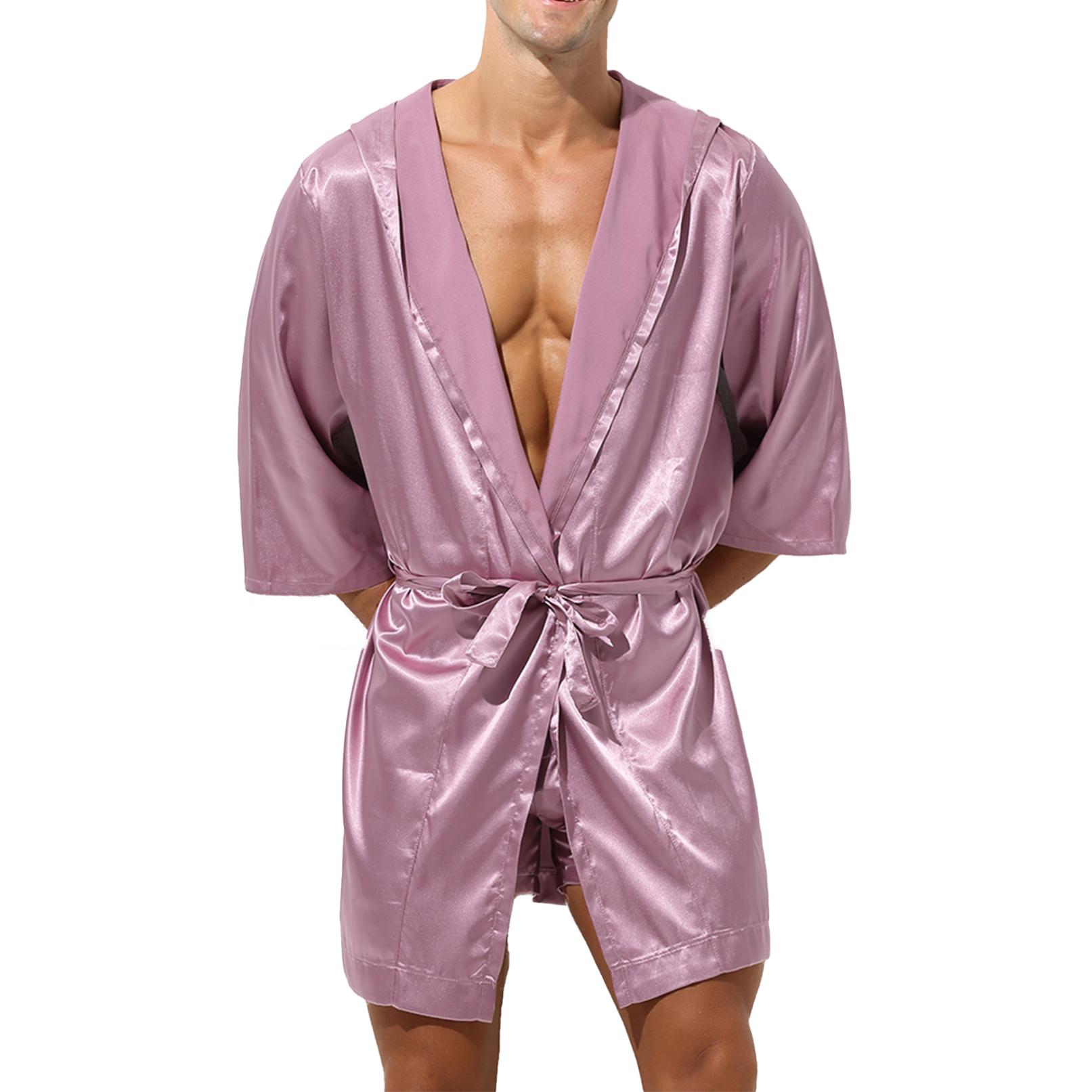 Herren-Bademantel aus Satin mit offener Vorderseite, leicht, Nachtwäsche, halbarm, Kimono-Bademantel M rosa
