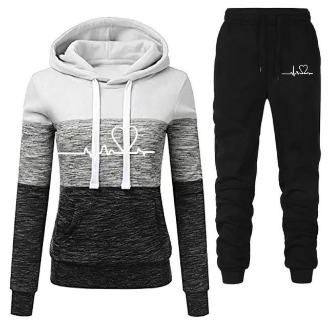 Frauen Mode Trainingsanzug Druck Hoodies Hosen 2 Stück Set Sportwear Winter Frauen Sport Anzug Kapuzen Sweatshirt Set Lose Sport mode Set S weiß