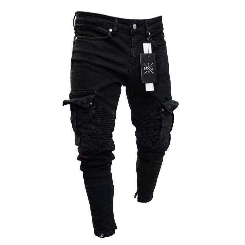 Herren Herbst Winter Hosen Denim Knie Loch Ripped Street Style Lange Denim Hosen Skinny Jeans Distressed Casual Jeans Hosen Hip Hop Hohe Taille Hosen L schwarz
