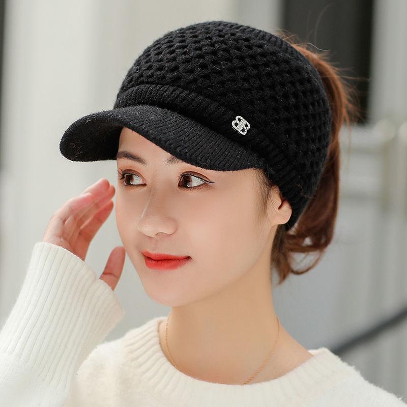 Weibliche Herbst Fleece Hohe Pferdeschwanz Hut Baseball Caps Frauen Winter Dicke Warme Twist Stricken Hüte Visier Gorros Mützen Frauen Hüte schwarz