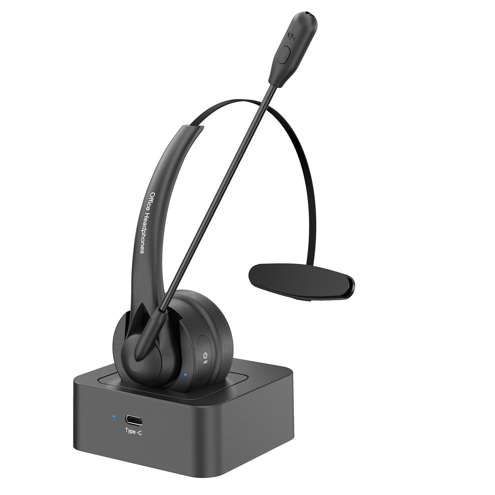 On-Ear-Headset BT 5.2, kabelloser Kopfhörer, Call-Center-Kopfhörer mit geräuschunterdrückendem Mikrofon, verstellbare Lautstärkeregelung am Kopfbügel, mit Ladestation schwarz