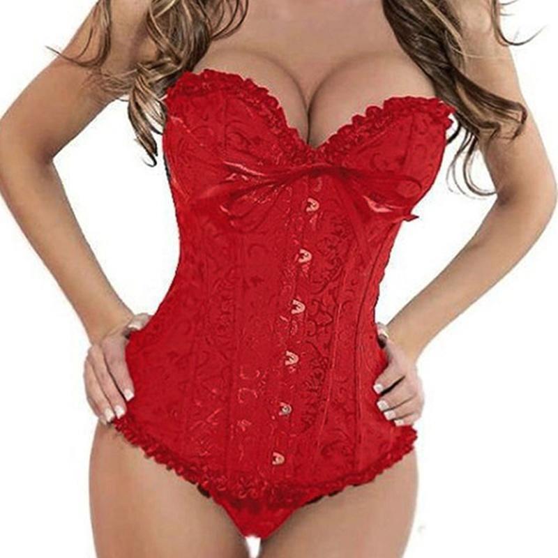 Korsett Bustier Mieder Damen Plus Size Satin Überbrust besticktes G-String Tops Korsett XXXL rot
