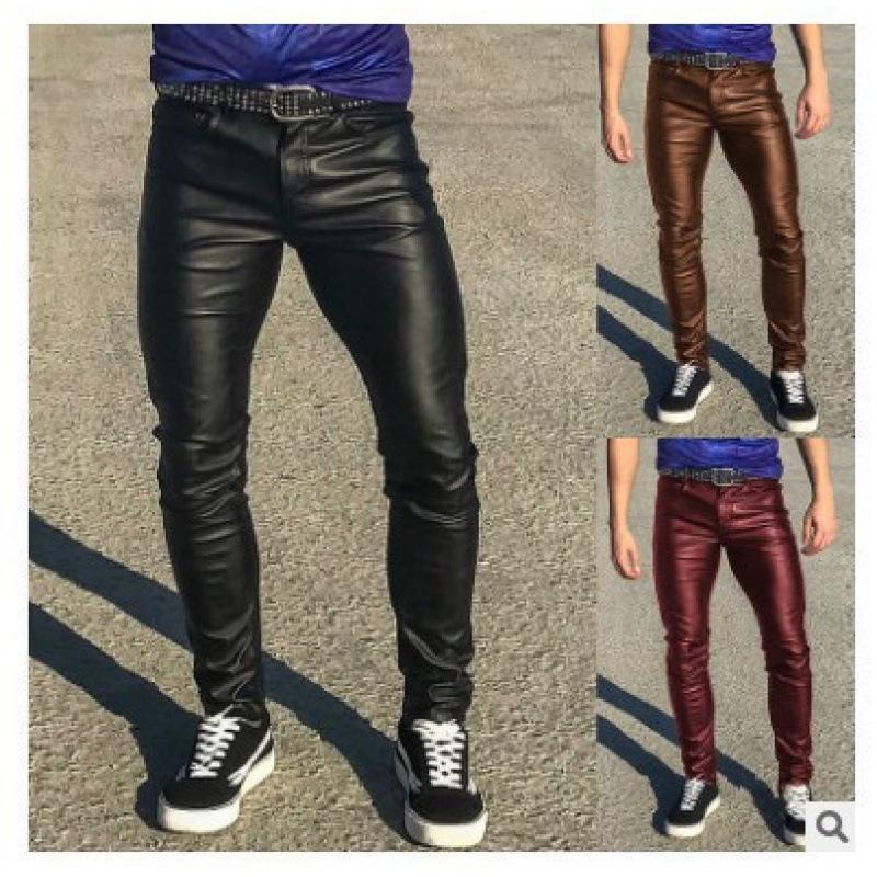 Herren Plus Size Punk Lederhose - Trendige Niedrige Taille Elastische Passform 5XL braun