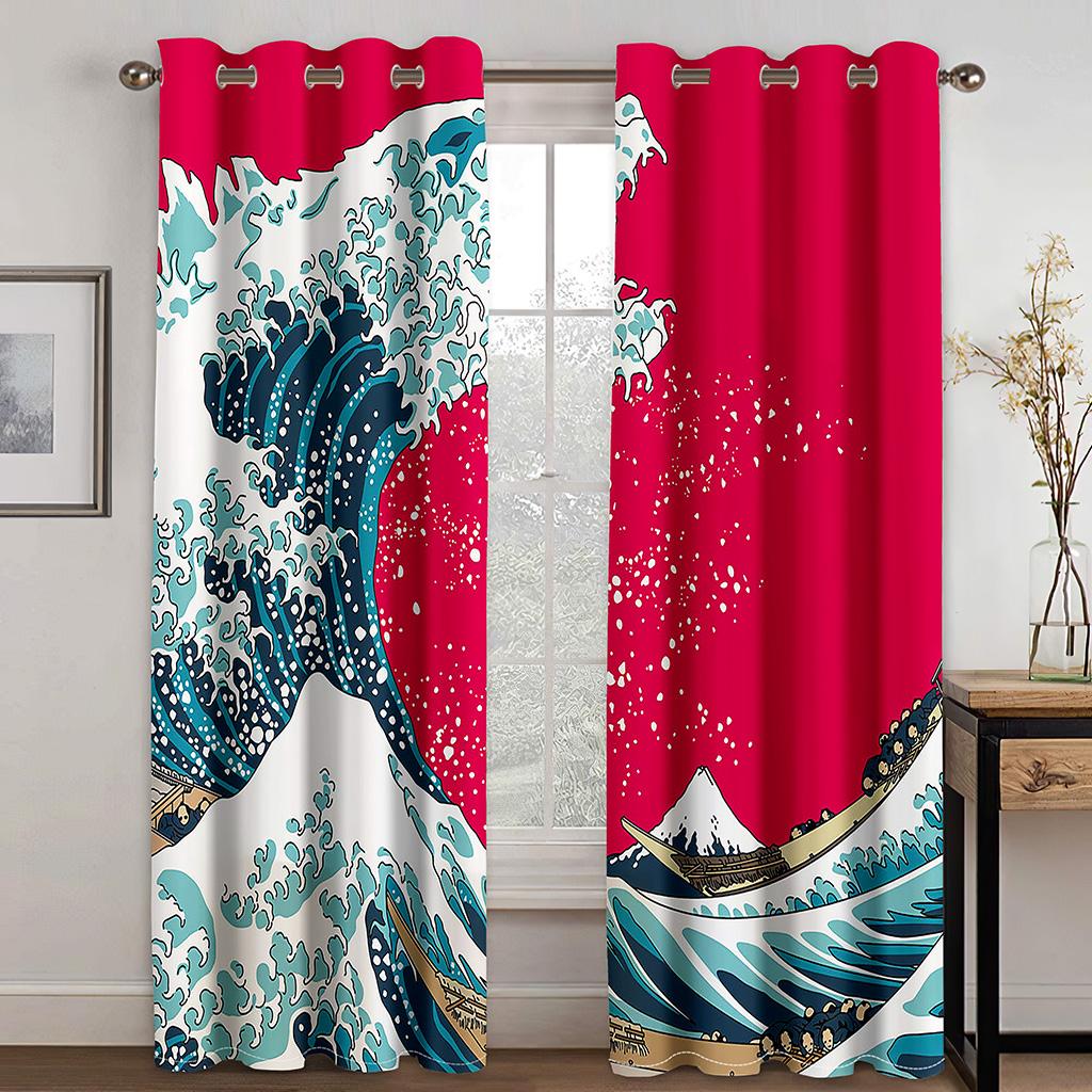 Japanische Landschaft Roter Sonnenaufgang Kran Fenster Vorhänge Traditionelle Tuschemalerei Fenster Vorhänge Berglandschaft Wohnzimmer Vorhänge W60H60(CM)x2PCS&HOOK