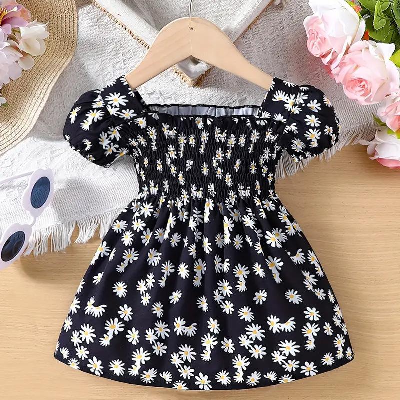 2024 sommer Kleinkinder Kleidung Mode Gedruckt Kleid Mädchen Kurzarm Floral Rock Daisy Kleid Baby Prinzessin Geburtstag Kleid 9-12M schwarz