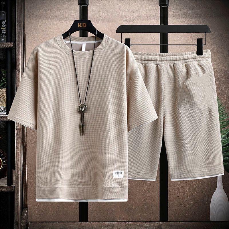Herren Sommer Sets mit Waffelmuster, lässiges T-Shirt + Shorts Set, männlicher Sportanzug, einfarbig, Trainingsanzug, lockere Anzüge XXXXXL khaki
