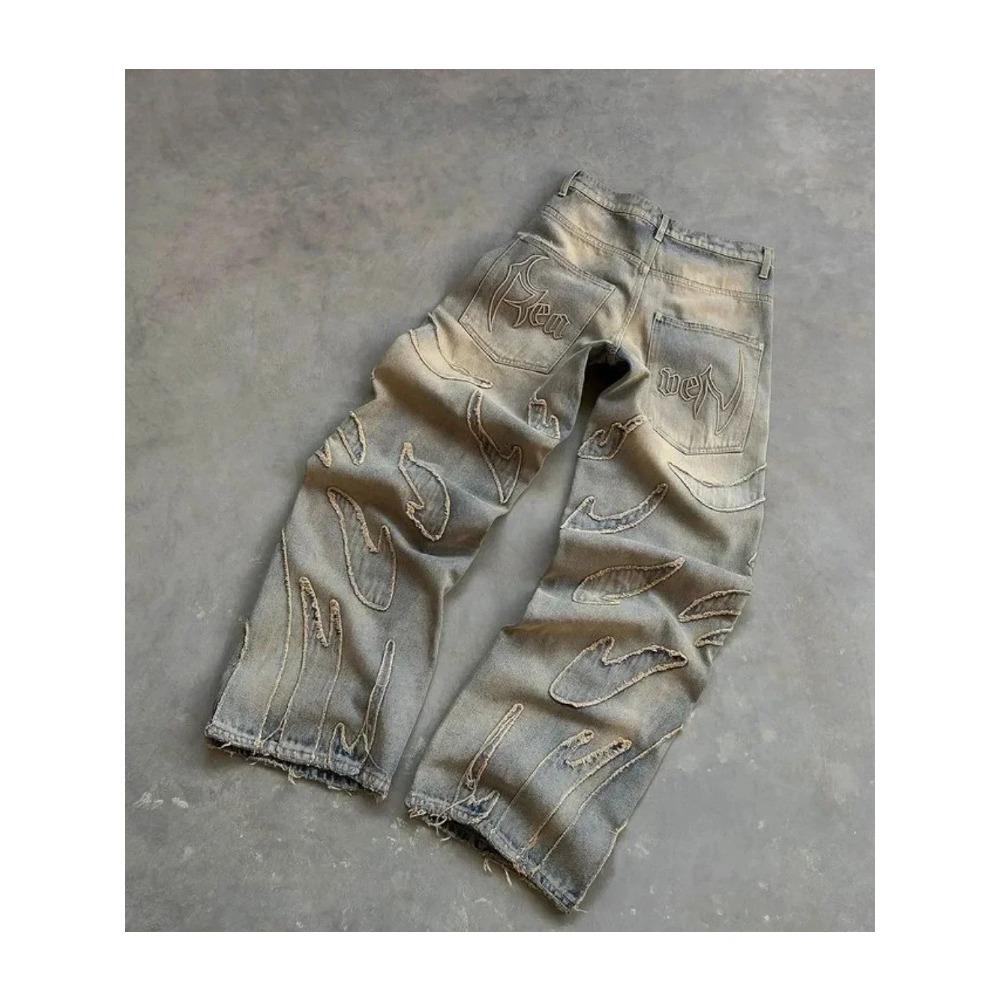 Y2k Hip Hop Baggy Jeans Distressed Retro Schwarze Hose Stickerei Harajuku Gothic Hose mit weitem Bein Streetwear Hose S