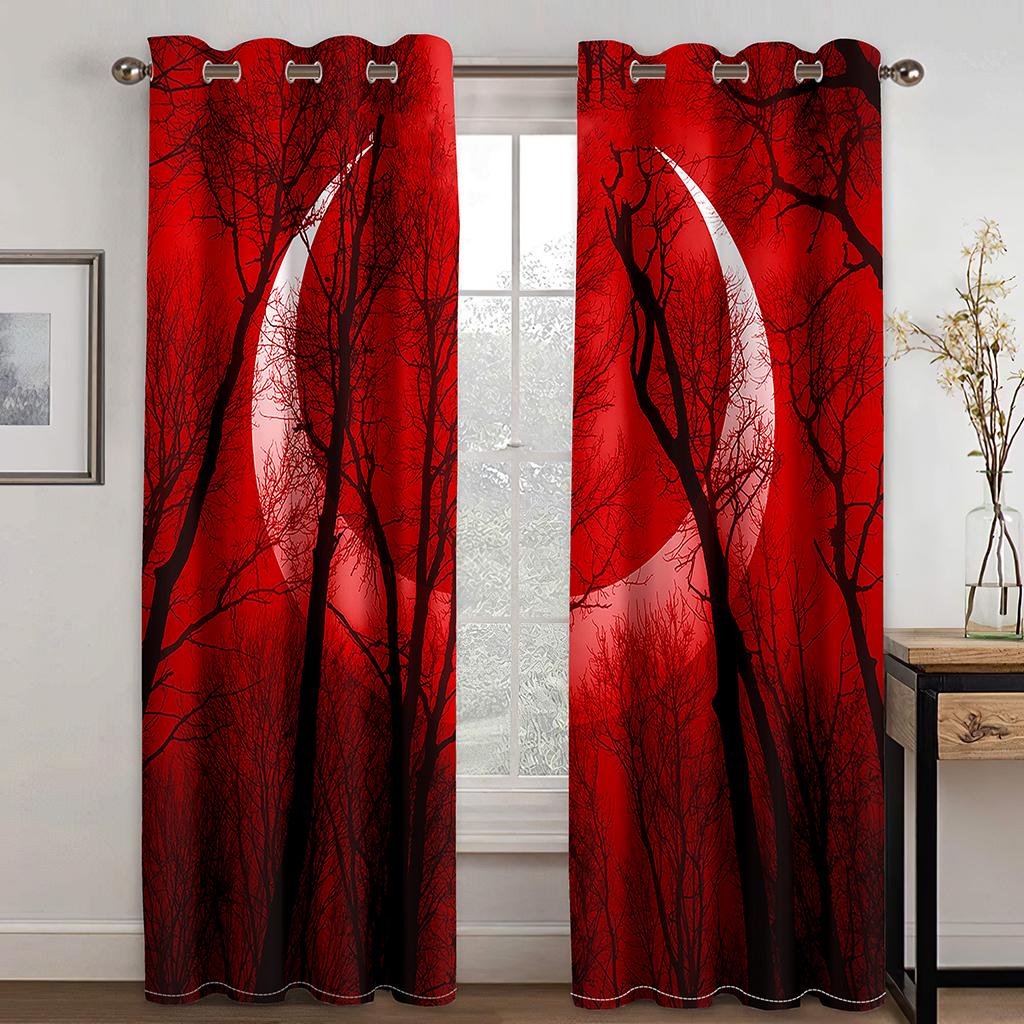 Japanische Scenic Crimson Sunrise Crane Fensterscheiben Vorhänge Traditionelle Tuschemalerei Fensterscheiben Vorhänge Berglandschaft Wohnraum Platz Vorhänge W60H60(CM)x2PCS&Grommet Top red
