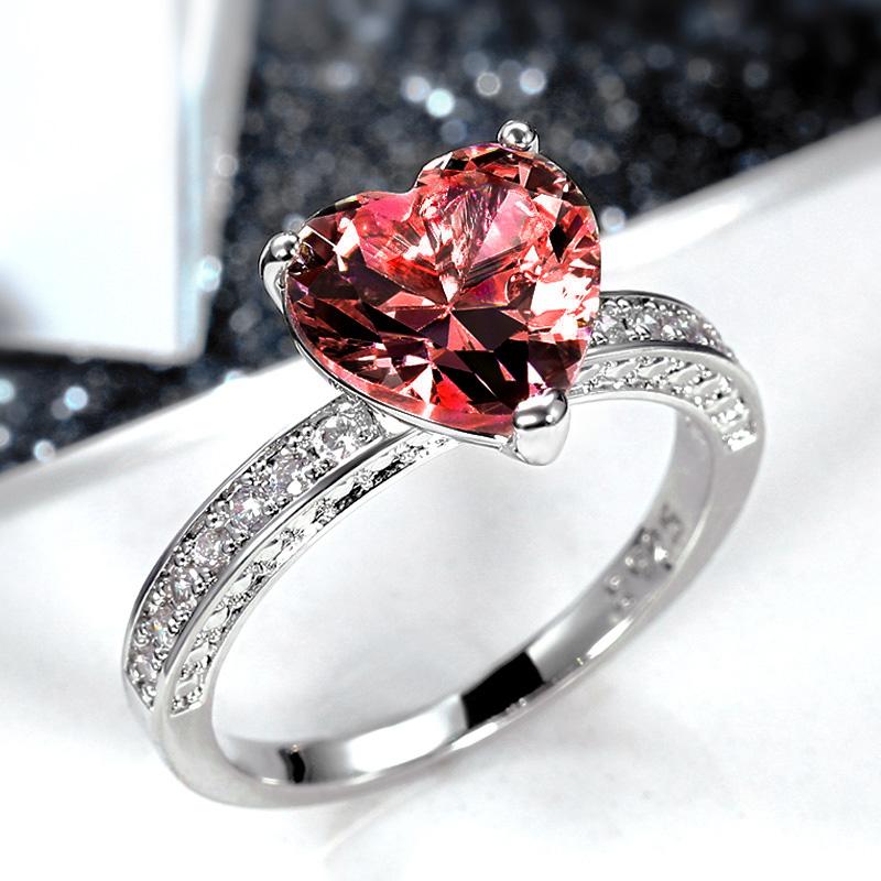 Huitan Luxus Solitär Damen Herz Verlobungsringe AAA Rosa Zirkonia Antragsringe für Freundin Jubiläumsgeschenk 9 gray