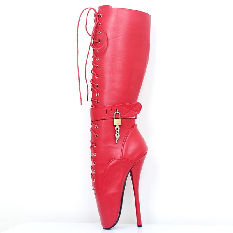 18cm/7  Extreme High Heel Abschließbare Ballettstiefel JIALUOWEI Frauen Kreuzgebundener Fetisch Sexy Pinup Spike Heels Kniehohe Stiefel 46 rot
