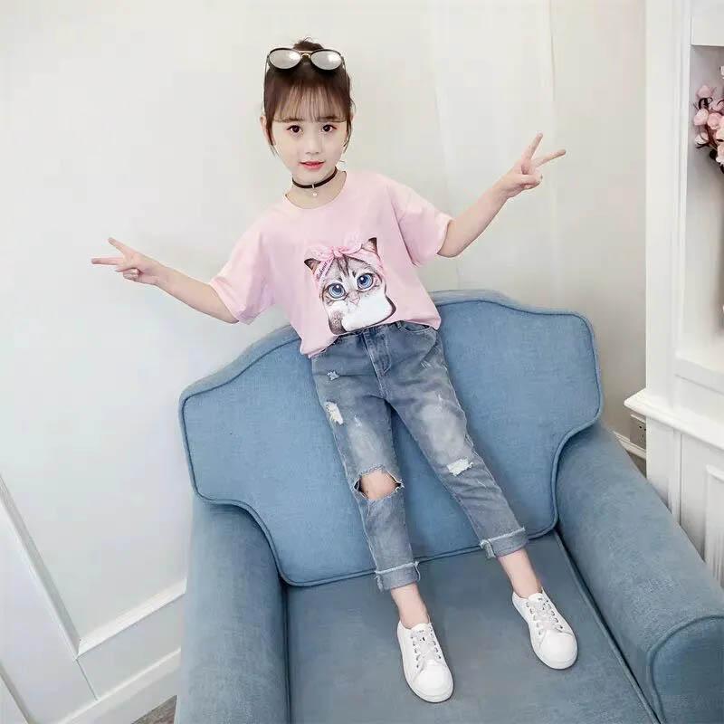 Kinderkleidung für Mädchen Sommer Kurzarm-Jeans Zweiteiliger Kinder-koreanischer Stil, Mode, Sommer, locker, atmungsaktiv, Freizeitanzug 110