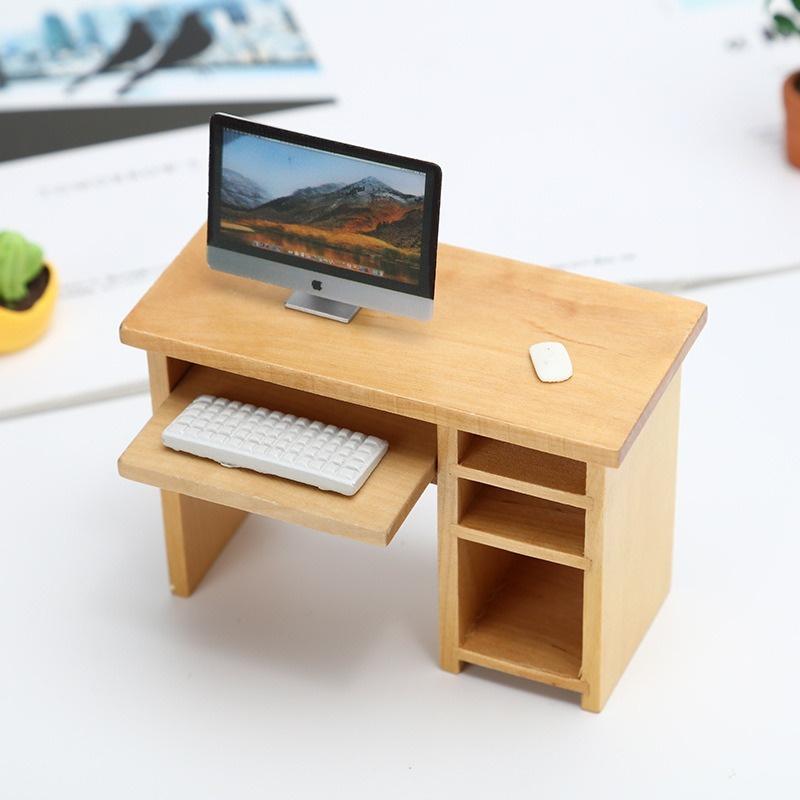 1/12 Puppenhaus Miniatur Zubehör Mini Holz Computer Schreibtisch Modell Simulation Möbel Spielzeug für Puppenhaus Dekorieren 1pcs Desk with Computer Model Kit