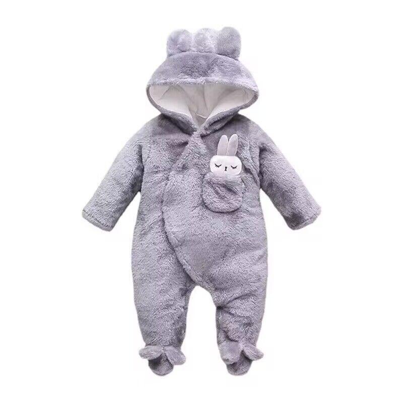 Baby-Kleidung für Mädchen, solide Fleece-Kaninchen-Baby-Overall mit Kapuze und langen Ärmeln, Unisex-Baby-Winterkleidung für Neugeborene 3M grau