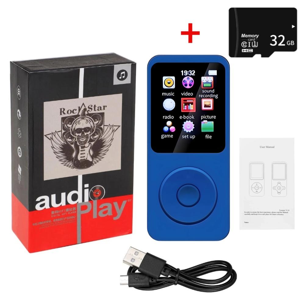 Mini-MP3-MP4-Player, FM-Radio, Bluetooth-kompatibel, 5.4-Stereo-Musik-Player, tragbarer Lautsprecher, unterstützt FM, TF-Karte, E-Book, Voice Recorder, eingebautes Mikrofon With 32G TF Card blau