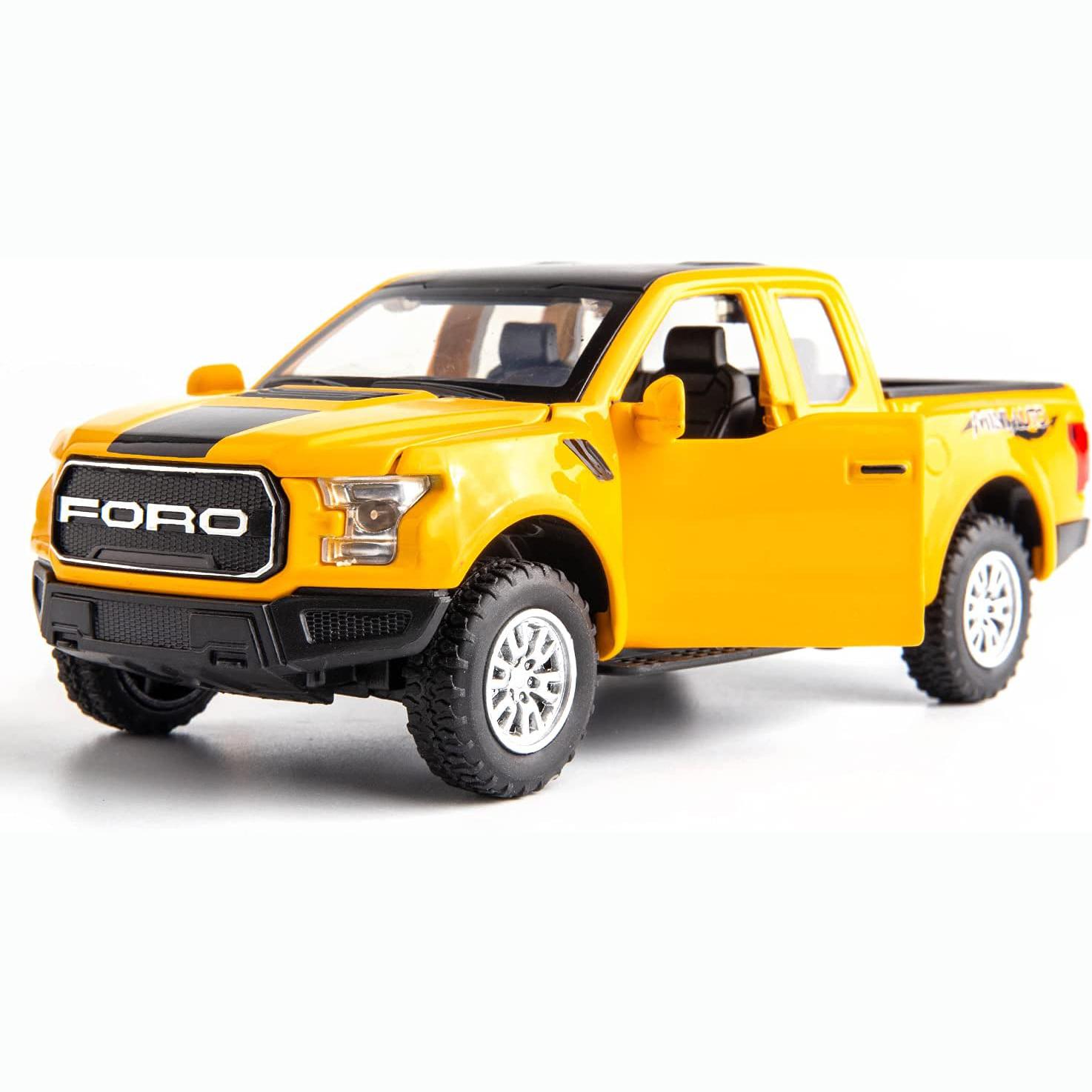 1:32 Scale Ford Raptor F150 Druckguss-Legierung Modellauto-Spielzeug, Pull-Back-Truck mit Sound und Licht für Kinder Erwachsene Geschenkkollektion 1/32-17.3x8x6.1cm gelb