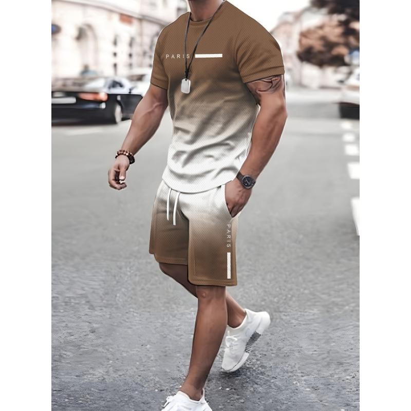 2-teiliges Herrenmode Sommer-Resort-Bekleidungsset, Herren Gradient Kurzarm-T-Shirt und Taschen-Kordelzug-Shorts Set 6XL