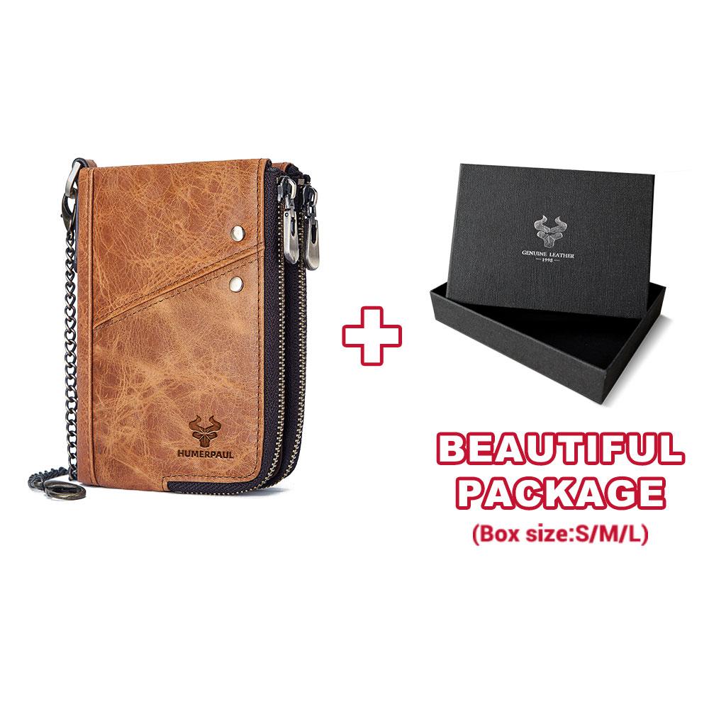 HUMERPAUL Herren-Geldbörse aus echtem Leder, RFID-blockierend, doppelter Reißverschluss, schmale horizontale Bifold-Geldbörse braun