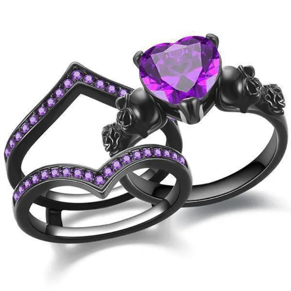 Gotisches Schwarzes Rosenblüten-Schädel-Verlobungsringe-Set Rotes Lila Herzförmiger Zirkon-Kristall Hochzeits-Jahrestag Feiertagsgeschenk 9