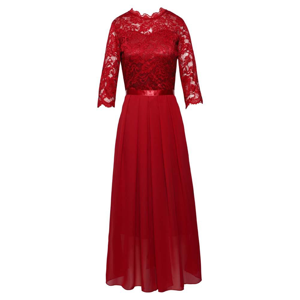 Europäisches Abendkleid aus Chiffon mit Spitzenspleißen – Damen-Outfit mit Rundhalsausschnitt XXL wein rot