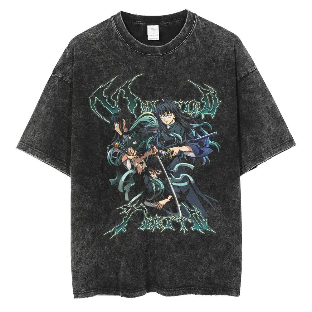 Demon Slayer Kamado Tanjiro Hinokami Kagura Vintage Washed Grafik-T-Shirt, Unisex Oversized Streetwear, Anime Fan Geschenk M elfenbein