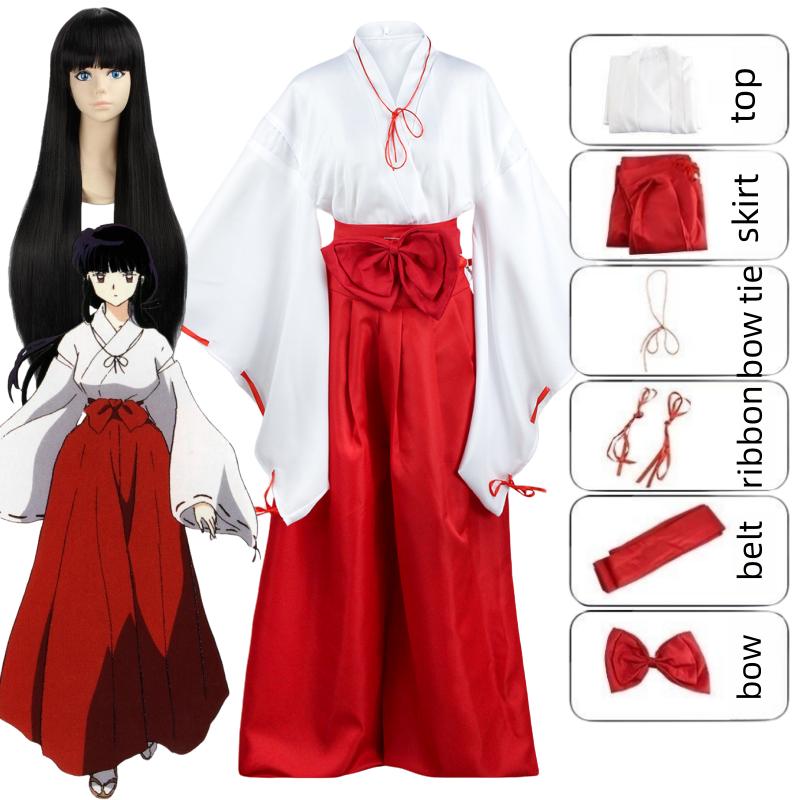 Anime Inuyasha Kiky Kikyō Cosplay Kostüm Hexe Japanische Kimono Performance Kleidung Perücke mit Tops Rock Uniform Halloween Party S-(Costume+Wig) red