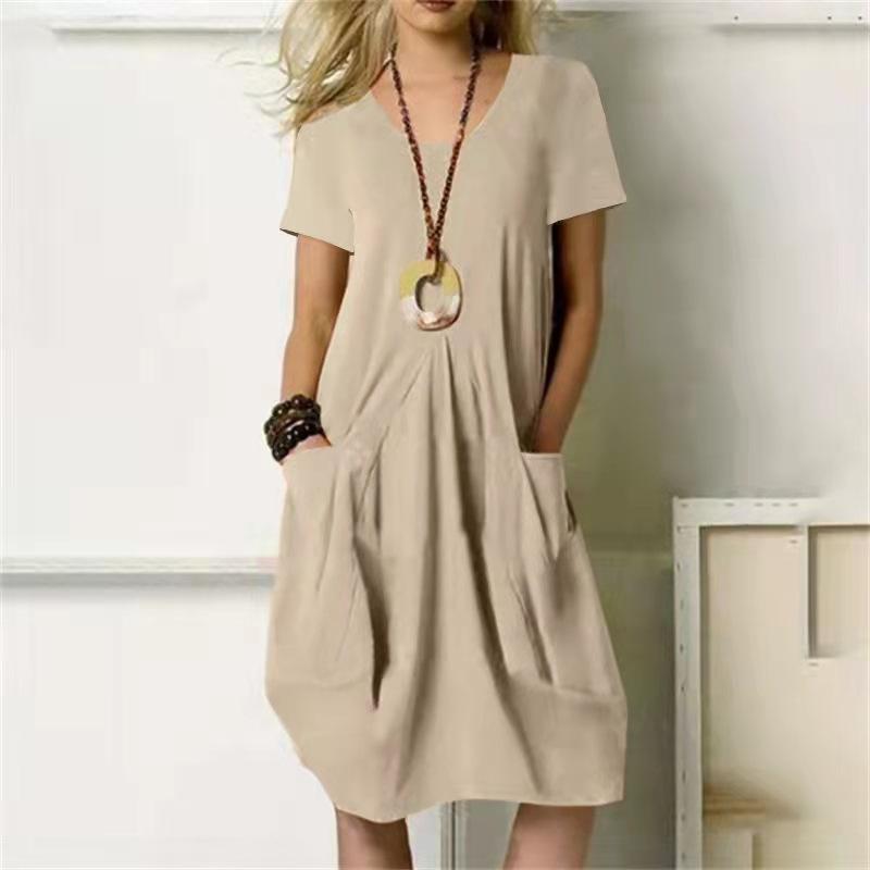 Sommer Großes Damen Baumwoll-Leinen-Kleid Mode Lässig Einfarbig Rundhals Kurzarm Locker Tasche Damenkleider L khaki