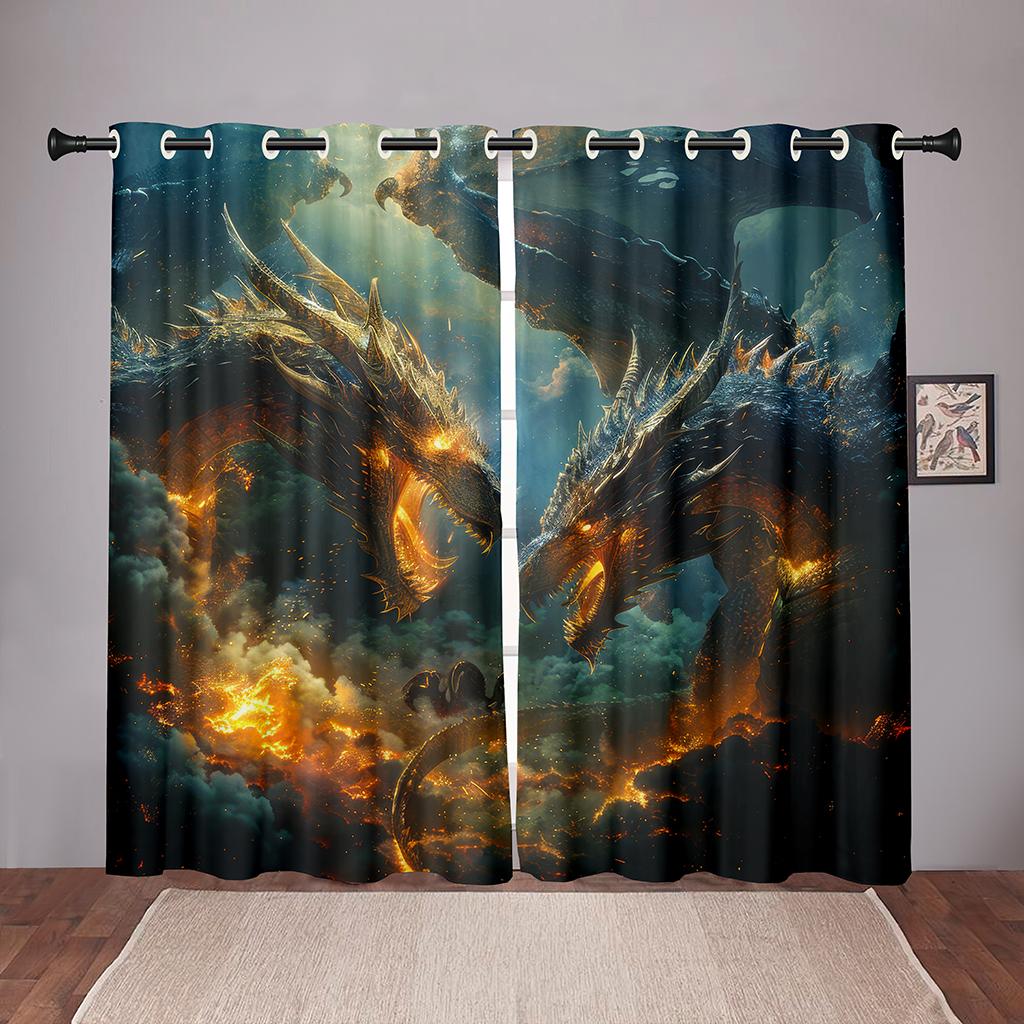 Lebendige Drachenvorhänge 2 Paneele 3D-Druck Sonnenschutz Vorhänge Blau Gold Flamme Mystisch Schlafzimmer Wohnzimmer Dekor Fantasy-Stil 50W60H(CM)X2PCS&Rod Pocket