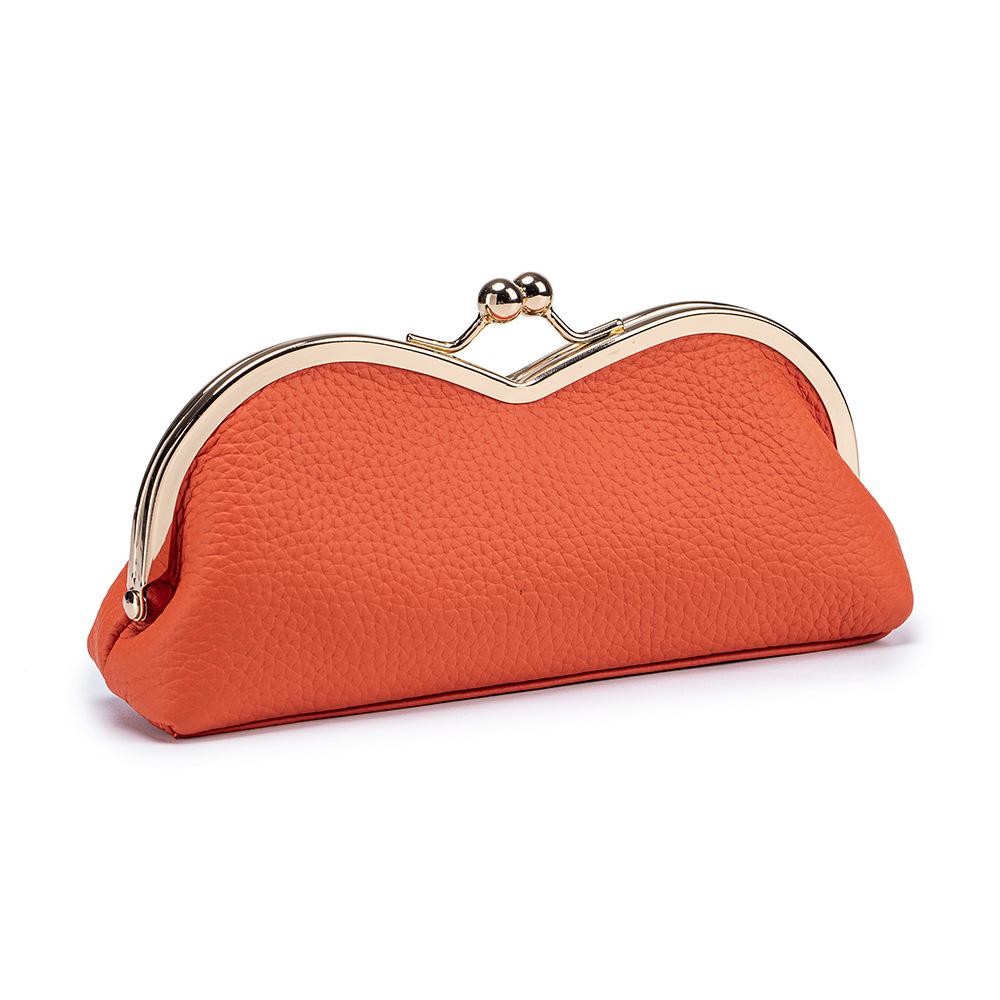 Echtes Leder Brillenetui für Damen Münzbörse Einfache Sonnenbrillen-Aufbewahrungstasche Tragbares Augenbrauenstift-Kosmetik-Organizer-Etui orange