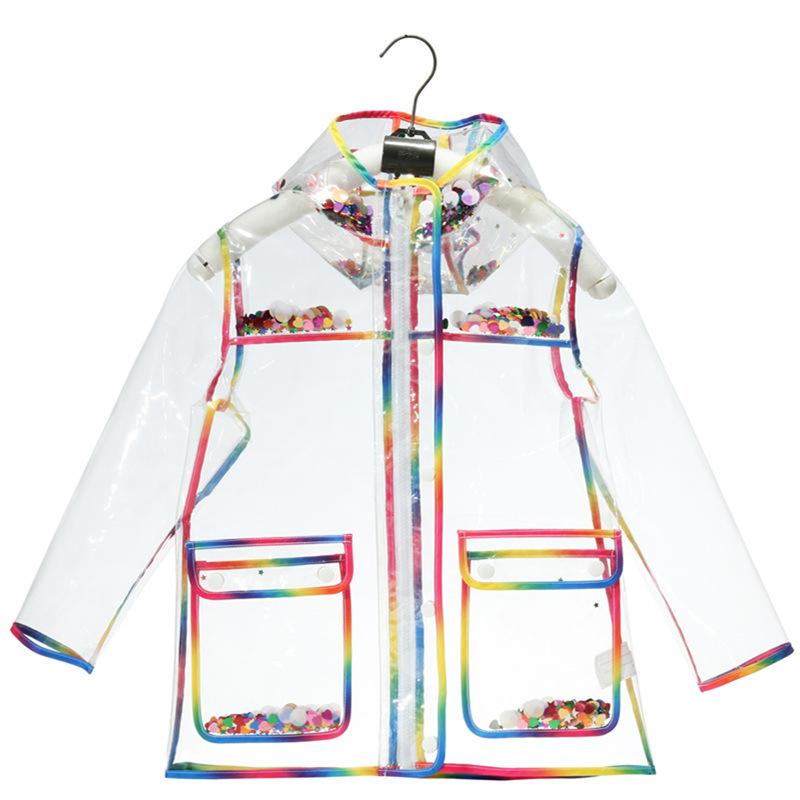 Transparenter Regenbogen Bunte Kante Kinder Regenmantel Wasserdicht TPU Kinder Winddichte Regenmantel Jacke Mit Kapuze Jungen Mädchen Poncho L white