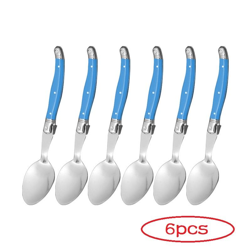 6-teiliges Laguiole-Menülöffel-Set, 20,3 cm, Edelstahl, langer Griff, Menülöffel, weißes Besteck, schwarzes großes Servierlöffel-Set, Geschirr blau