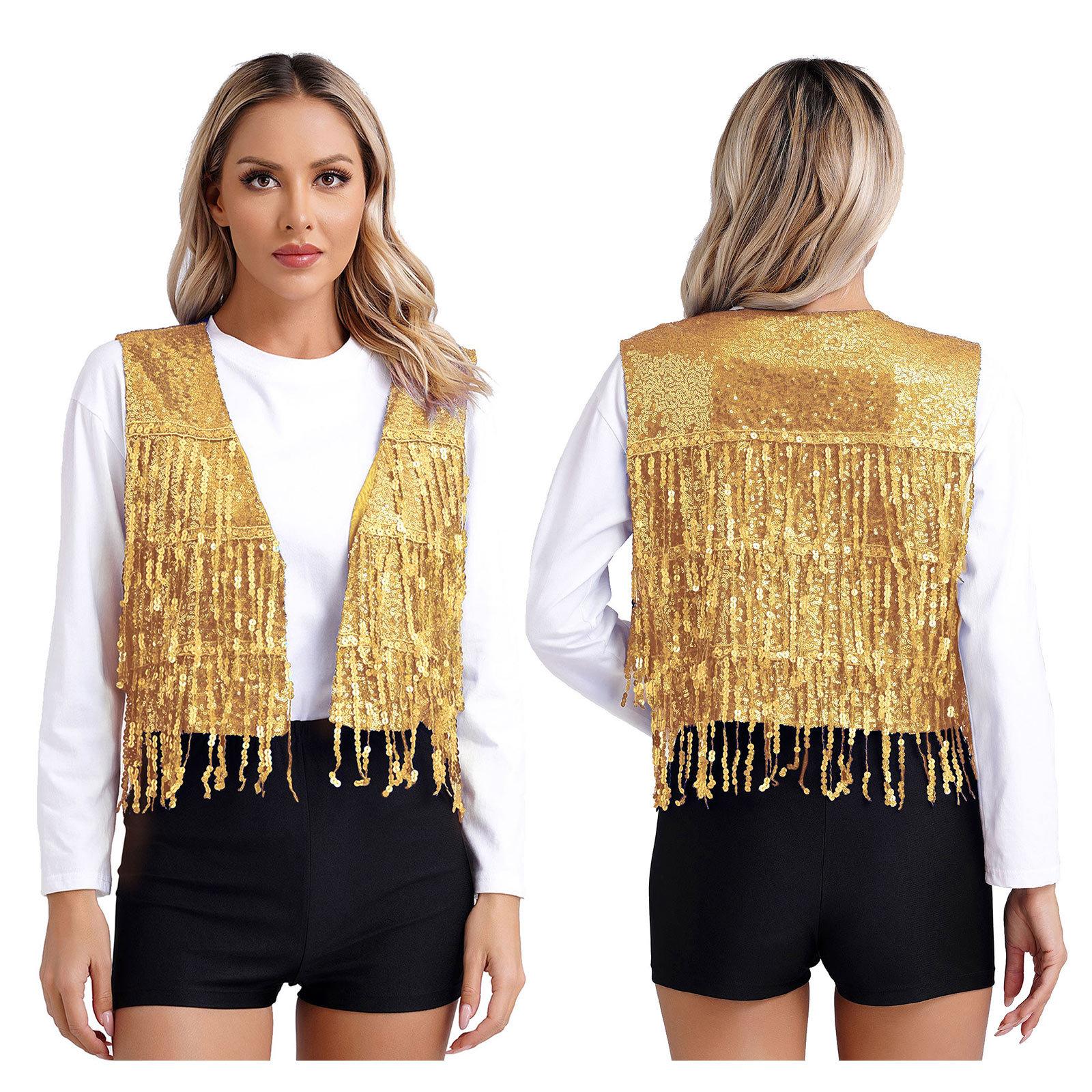 Damen Weste mit glänzenden Pailletten, ärmellos, glitzernd, lässig, vorne offen, Weste, Jacken, Glitzerweste, Mantel S gold