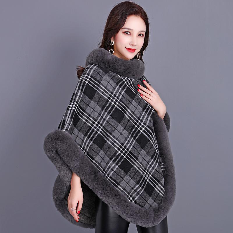 Kunstpelz Damen Rundhals Plaid Jacke Frauen Plus Samt Künstliche Rex Kaninchen Pelz Schal Schal für Herbst Winter Gefälschte Pelz Schal Cape Mantel One Size
