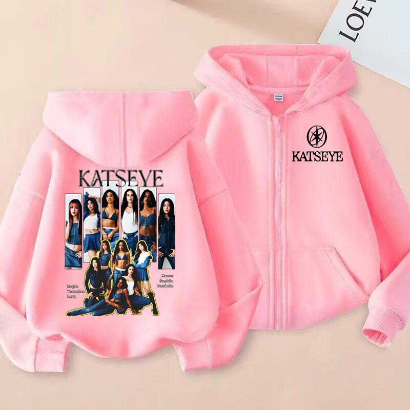 2026 Neue Kinder Reißverschluss Sweatshirts Kpop Katseye Print Kapuzenpullover Kinderkleidung Kinder Freizeit Oberteile Jungen Mädchen Reißverschluss Kapuzenpullover Streetwear 150 pink