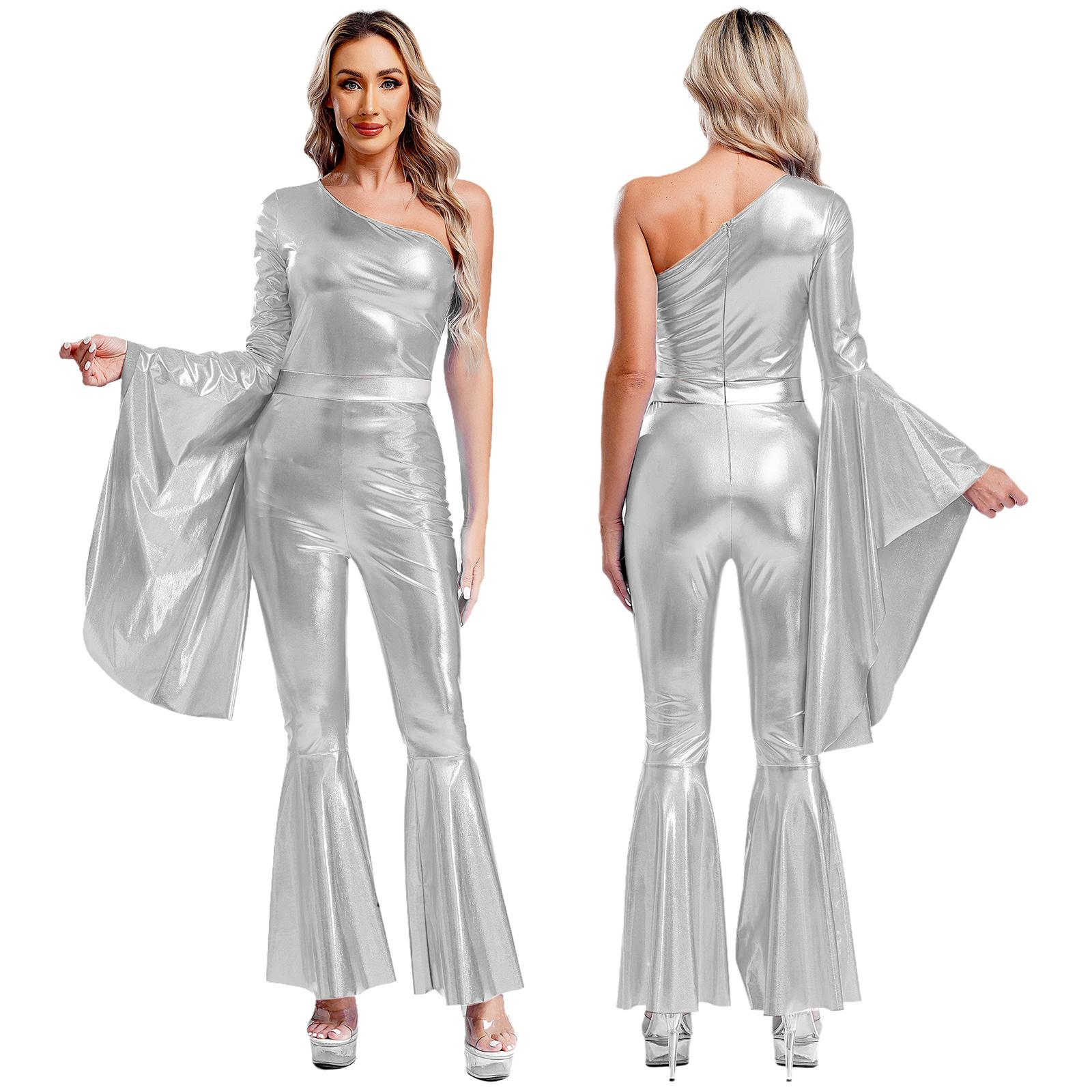 70er Jahre Disco Vintage Cosplay Kostüm Metallic Schlaghose Lange Hose Jumpsuit Schlaghose Jazz Dancewear Karneval Rave Party Kostüm S silber