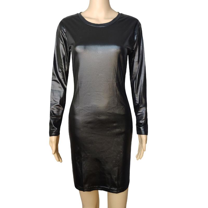Europäische und amerikanische Damenkleider aus Kunstleder, modisches, langes, kurzärmliges Wickelkleid XXL gray