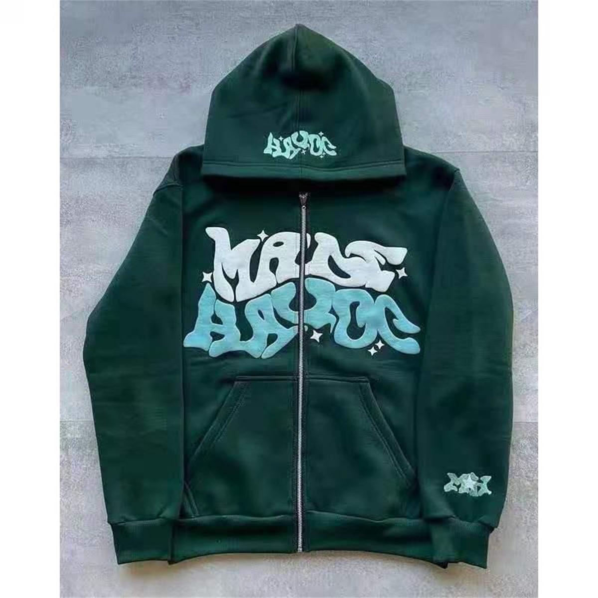 Hoodie mit Buchstabenaufdruck mit Reißverschluss Hip Hop Hoodies Herbstmode Damen und Herren Harajuku Jacken Casual Street S grün
