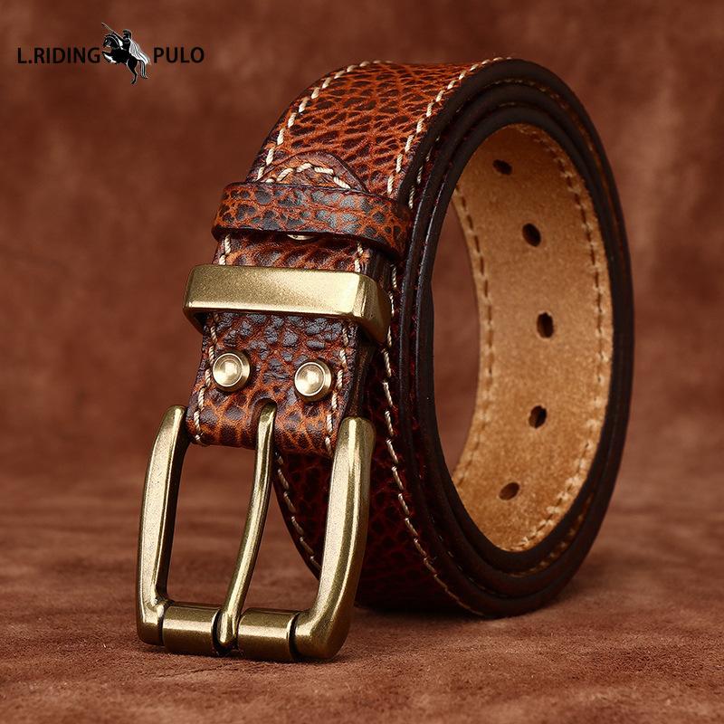 Verdickter Bisonleder Geprägter Retro Persönlichkeit Gürtel Herren Echtes Leder Oberste Schicht Rindsleder Denim Gürtel 125cm braun