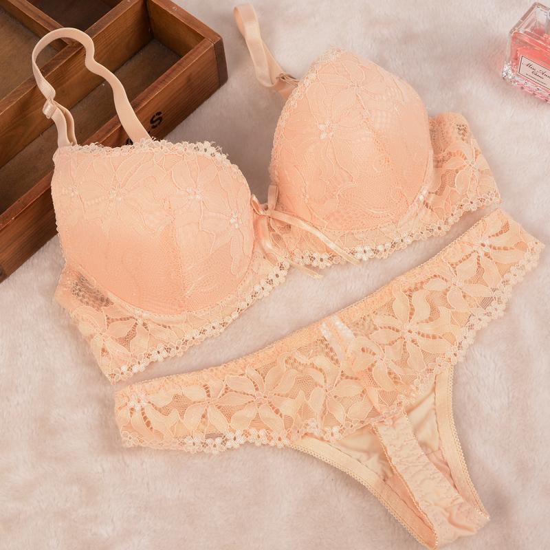 Artdewred BC Tanga-BH-Set, Push-Up-Spitze, Damen-Unterwäsche, Höschen-Set, Set mit G-String-BH und Slip-Sets 34B beige