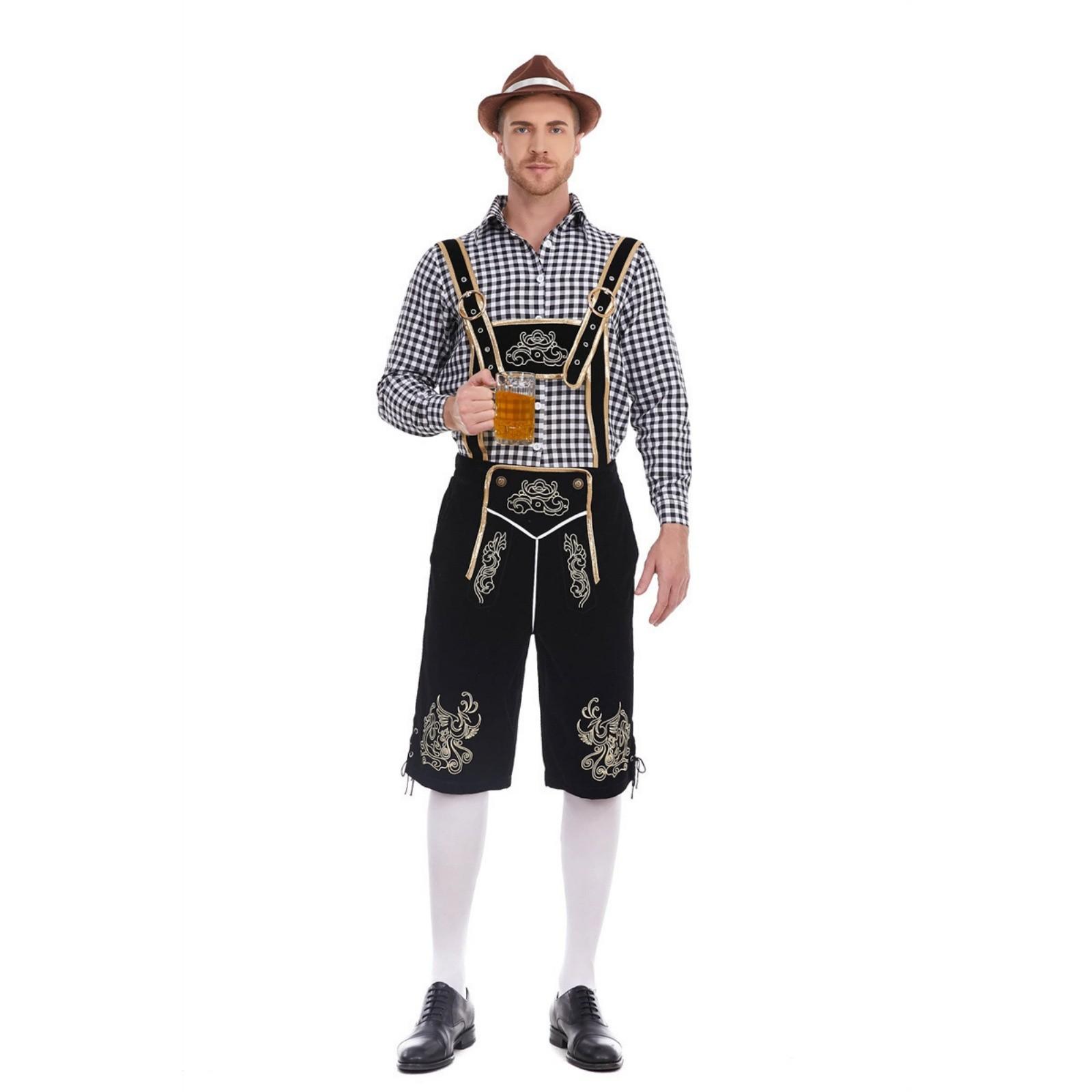 Herren Bayerische Oktoberfest Tracht - Kariertes Hemd & Hosenträgerhose Set XXL schwarz