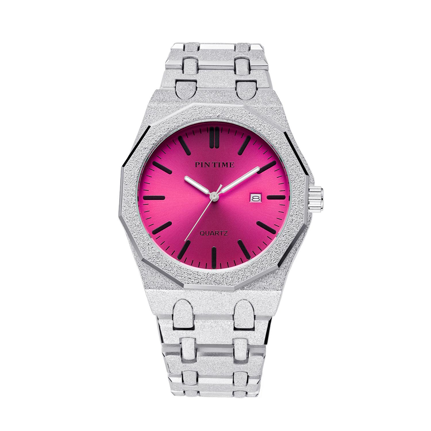 Klassische Herren Modeuhr Bunt Rot Rosa Rose 45mm Edelstahl Mattierte Oberfläche Quarzwerk Armbanduhren Uhren Montre hellrosa/silber