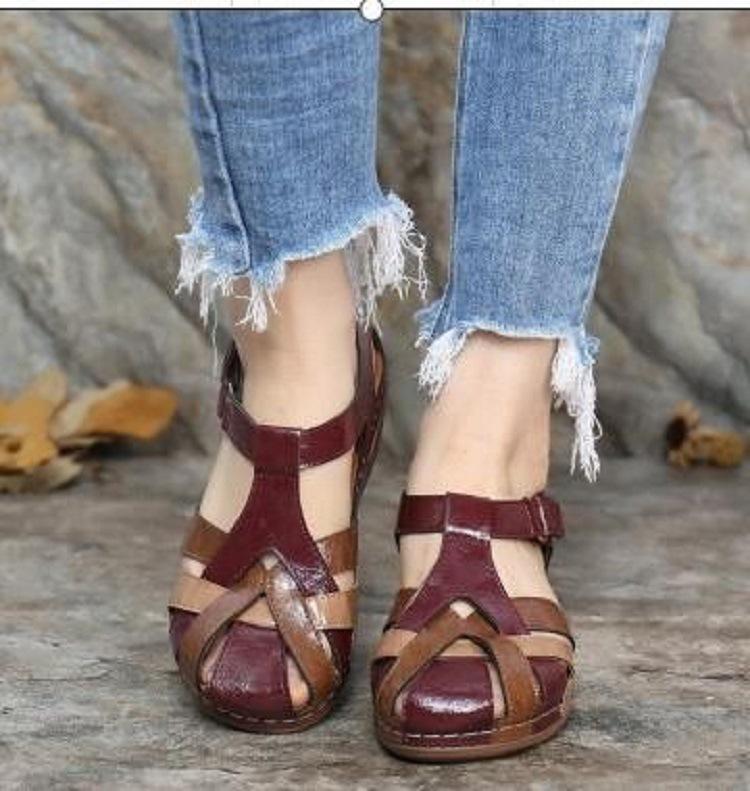 Neue Sommer Frauen Premium Orthopädische Offene spitze Sandalen Weiblichen Hausschuhe Vintage Anti-slip Atmungsaktive Hausschuhe Plus Größe Sandalen 39 wein rot