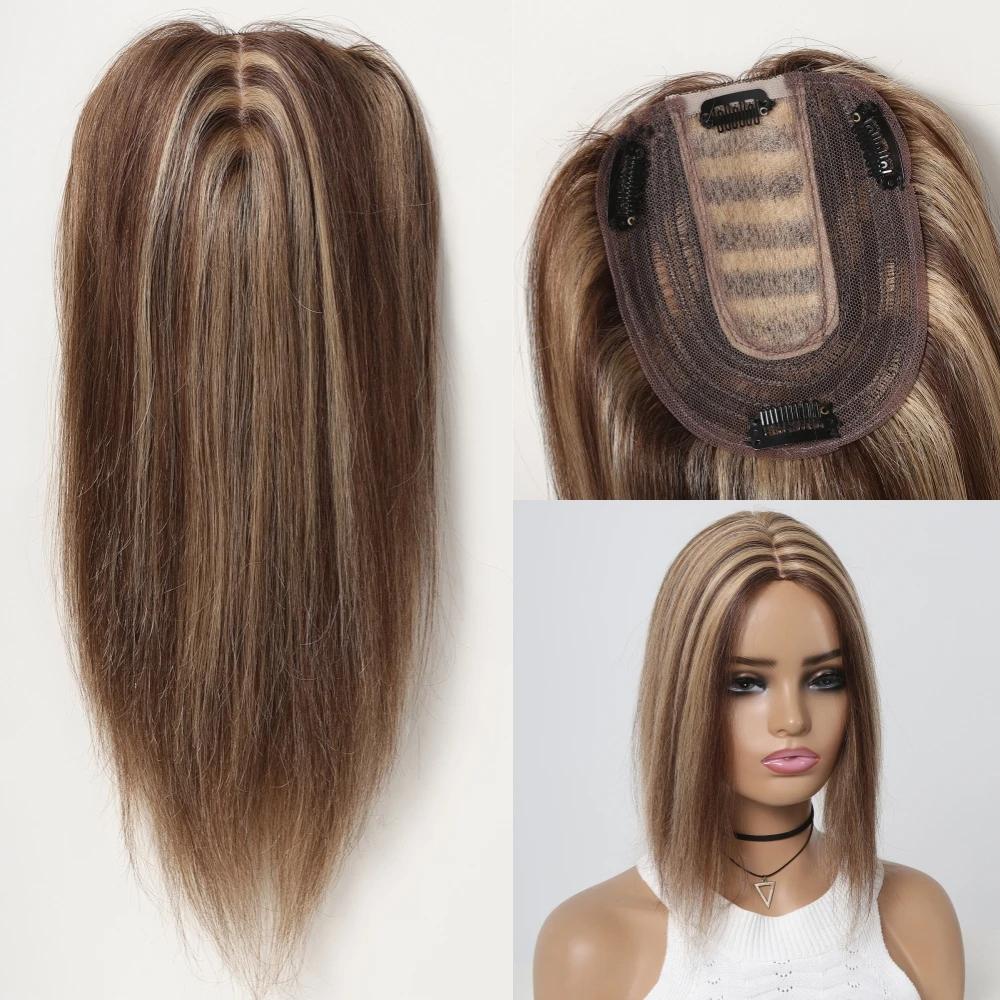 HAIRCUBE Remy-Echthaar-Topper Mittelteil Schwarzbraun Haarteile für Frauen mit dünner werdendem Haar Seidenbasis Clip-in-Haarverlängerung 12 Zoll