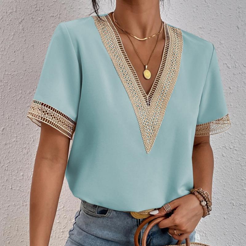 VEZFAA Damenmode Casual Sommer Frühling Einfarbig Druck Spitze Kurzarm V-Ausschnitt Blusen & Hemden XXXXL hellblaue