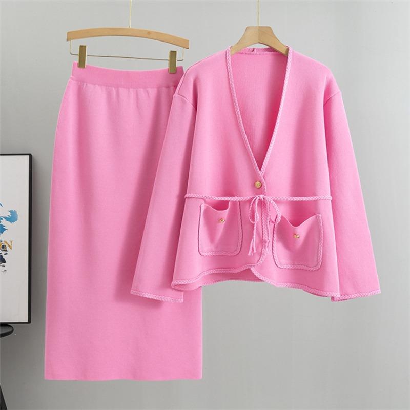 Herbst Damen Pullover Anzug Übergröße Strickwaren Lässige Chambray Jacke Gestrickter Gürtel Mode Rock Anzug One Size rosa